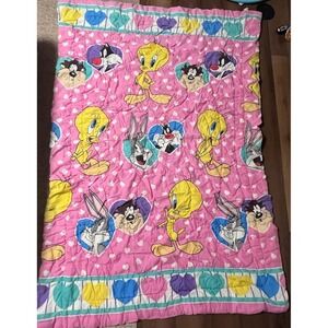 Vintage Looney Tunes Bed Comforter Girls Pink 1994 Warner Bros Tweety Taz Bugs